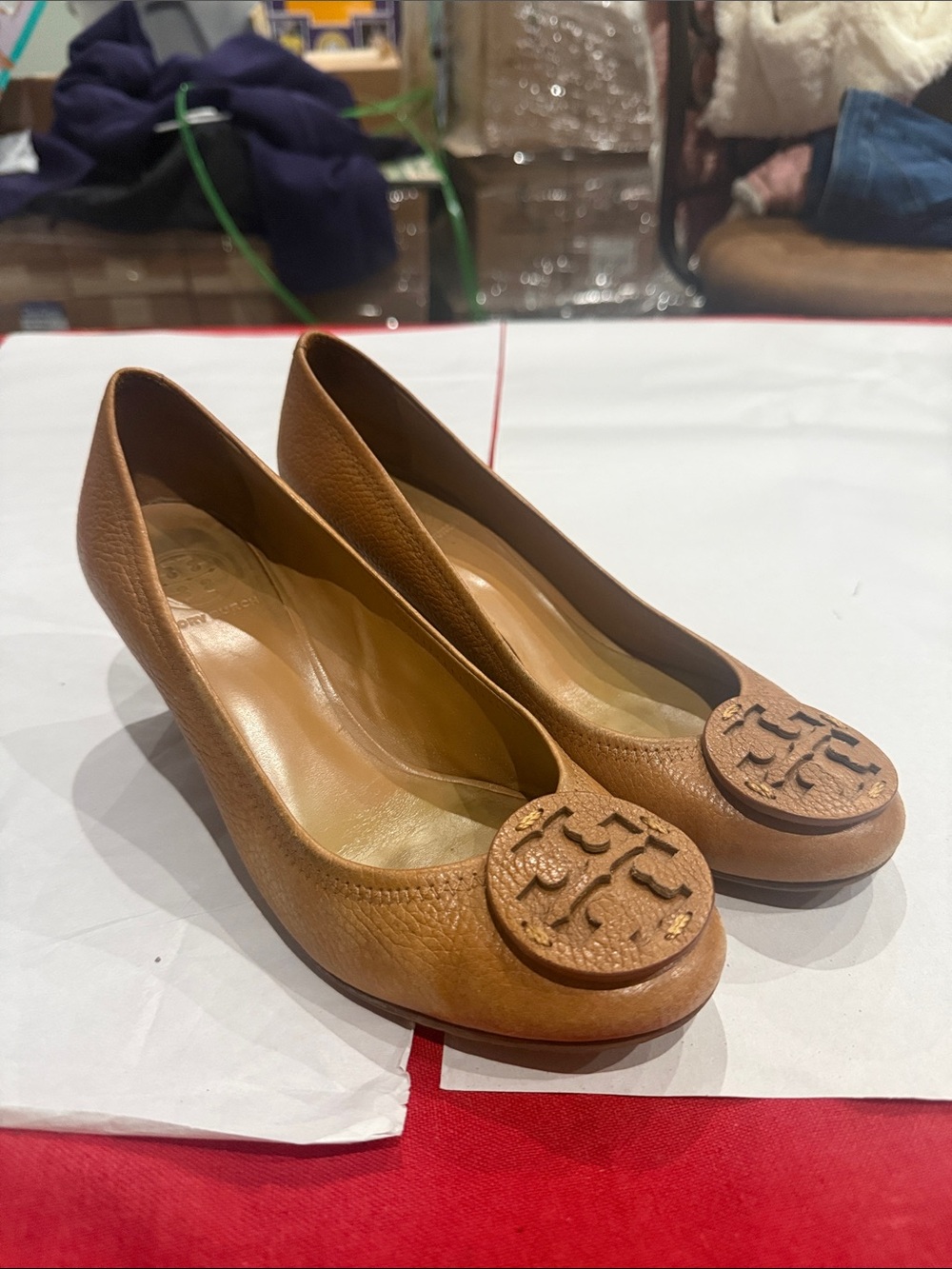 Tory Burch Tan Leather wedged heels with Signature Logo Medallion